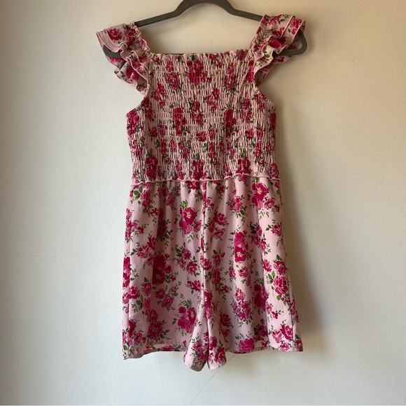Zunie Girls Pink Floral Smocked Ruffle Sleeve Romper Size 14 Lined One Piece - Picture 9 of 10